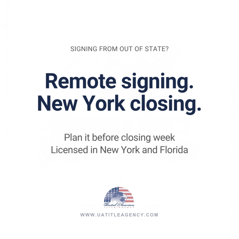 Signing from out of state? Remote signing for a New York closing. United American Title Agency, licensed in New York and Florida.